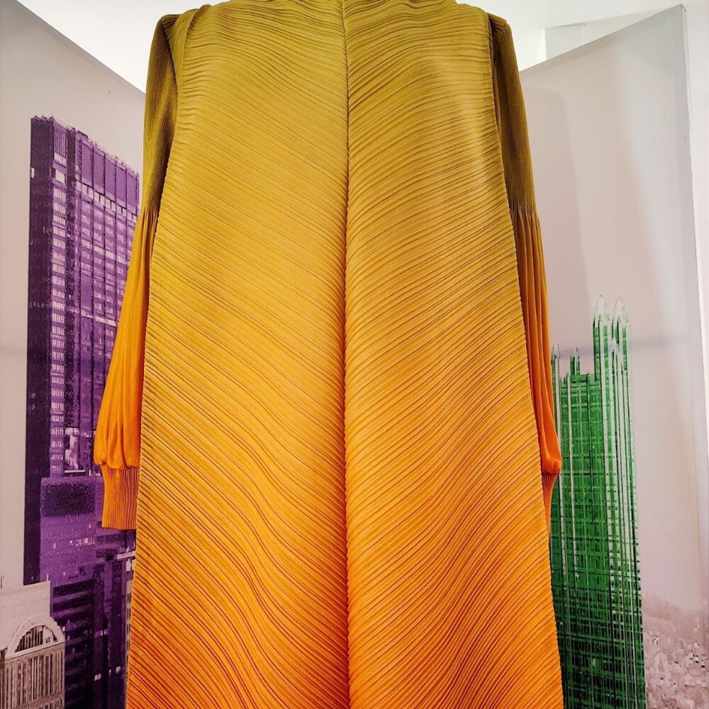 Elegant Accordian Graduated Tan/Orange Ankle Length dress with long sleeves